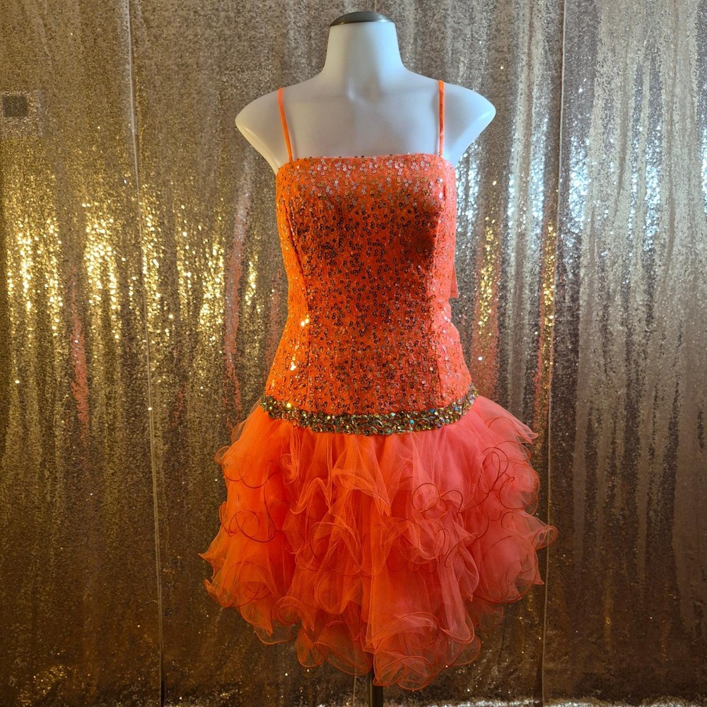 Poly USA Orange Sequin Strapless Ruffled Tulle Formal HoCo Dress NWT/Sizes L-XL